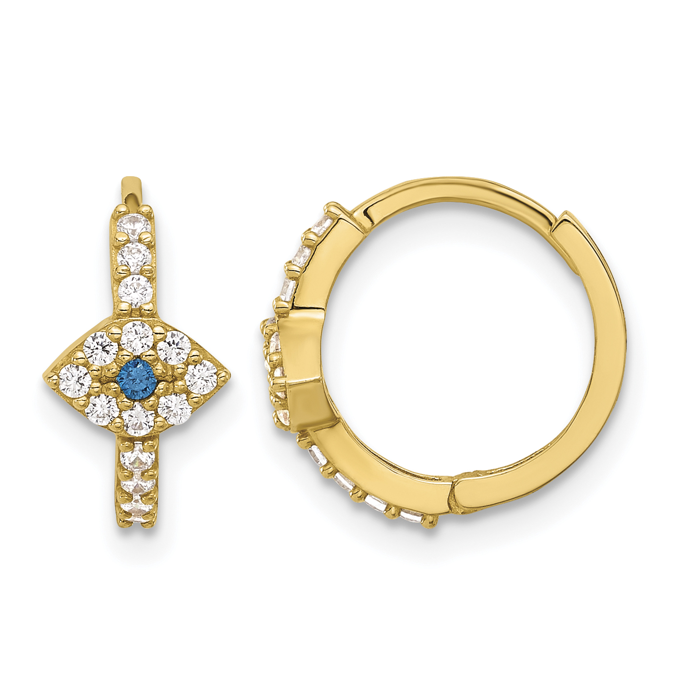10K Polished Clear & Blue CZ Evil Eye Hinged Hoop Earrings (10ER365)