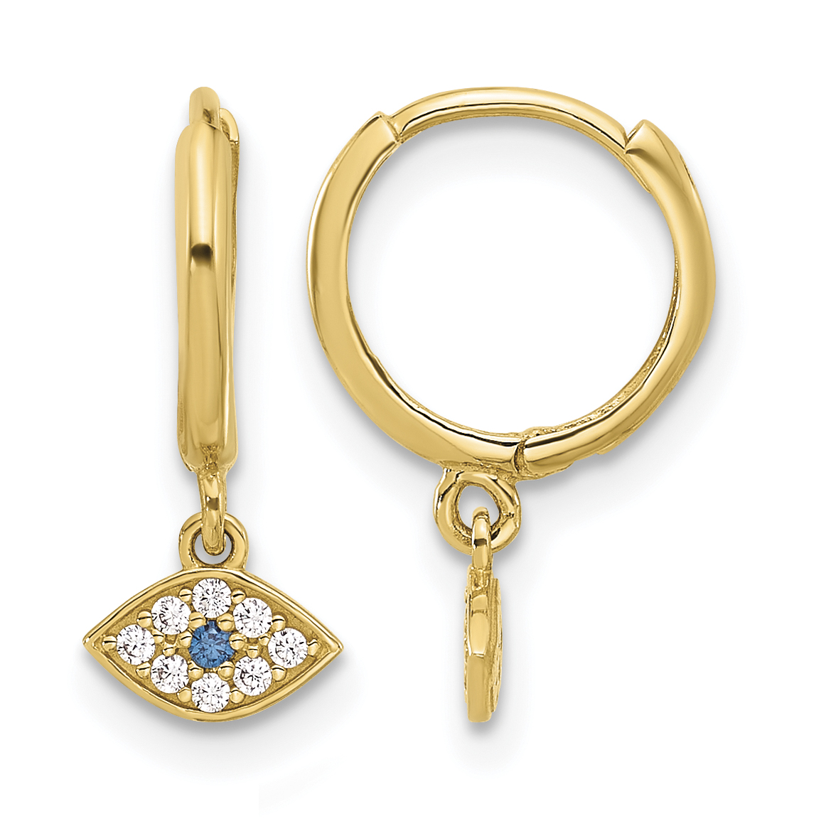 10K Polished Clear & Blue CZ Dangle Evil Eye Hinged Hoop Earrings (10ER366)