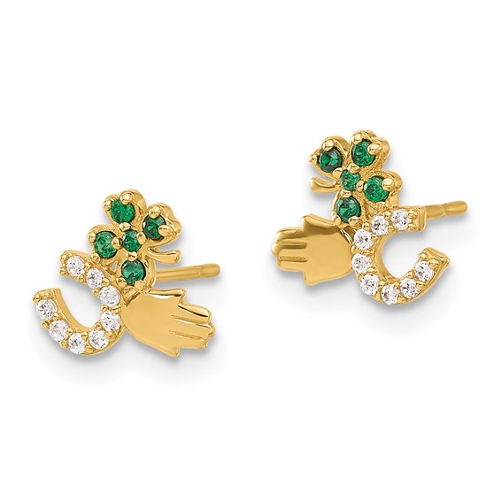 10K Polished Green & Clear CZ Good Luck Post Earrings