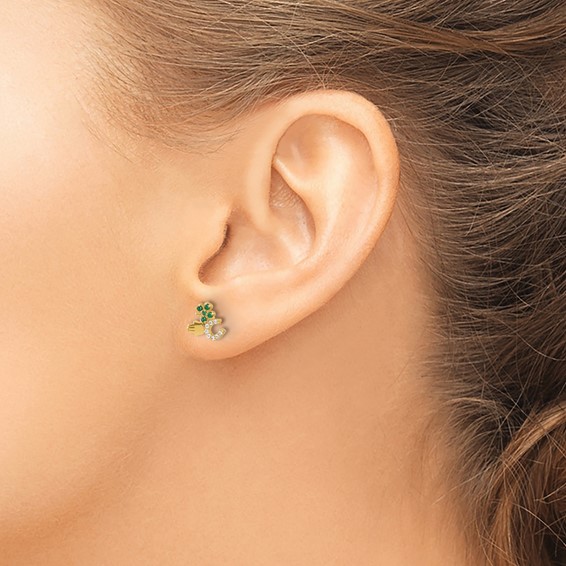 10K Polished Green & Clear CZ Good Luck Post Earrings