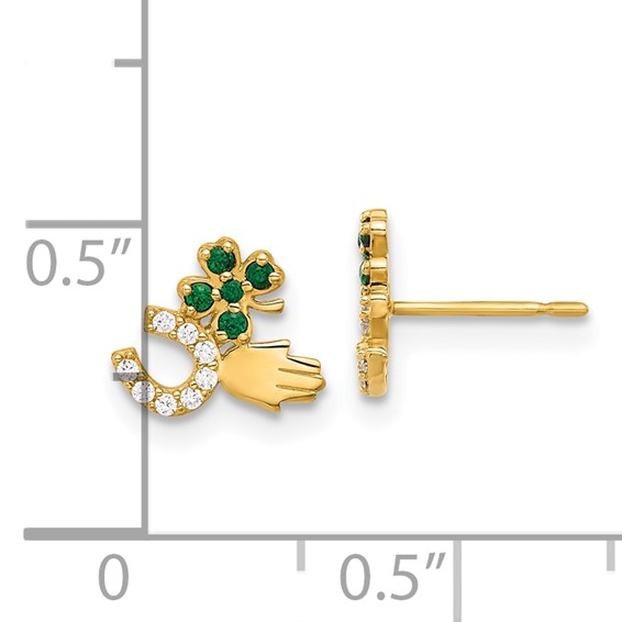 10K Polished Green & Clear CZ Good Luck Post Earrings