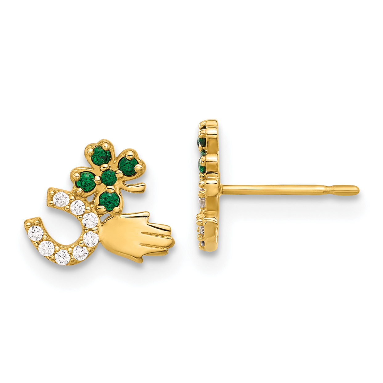 10K Polished Green & Clear CZ Good Luck Post Earrings (10ER367)