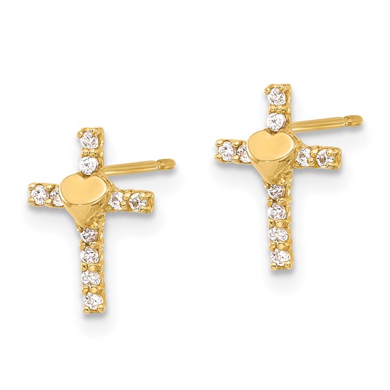 10K Polished CZ Heart Cross Post Earrings