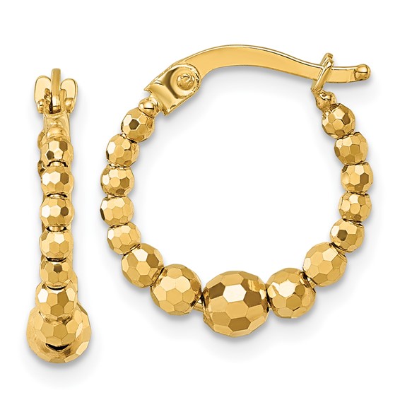 10k Polished 4.0 x 16mm Diamond-cut Beaded Hoop Earrings