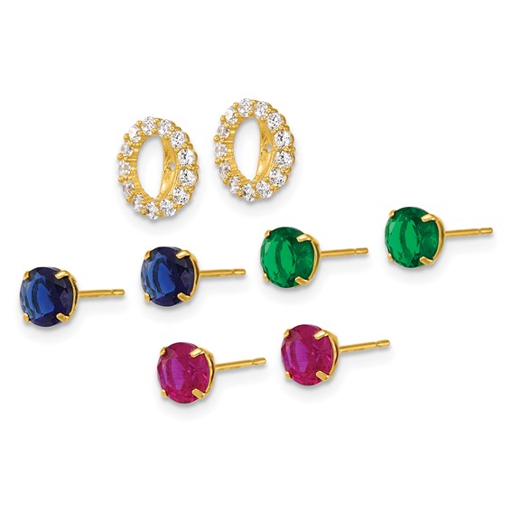 "10k Set of Three Red, Blue and Green Glass Stone Studs with CZ Halo Jacket Post Earrings"