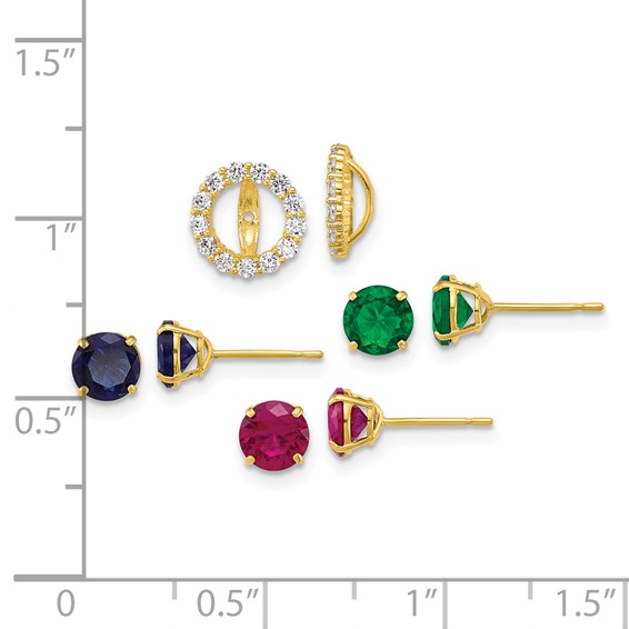 "10k Set of Three Red, Blue and Green Glass Stone Studs with CZ Halo Jacket Post Earrings"
