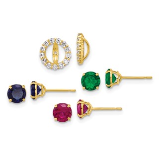"10k Set of Three Red, Blue and Green Glass Stone Studs with CZ Halo Jacket Post Earrings"
