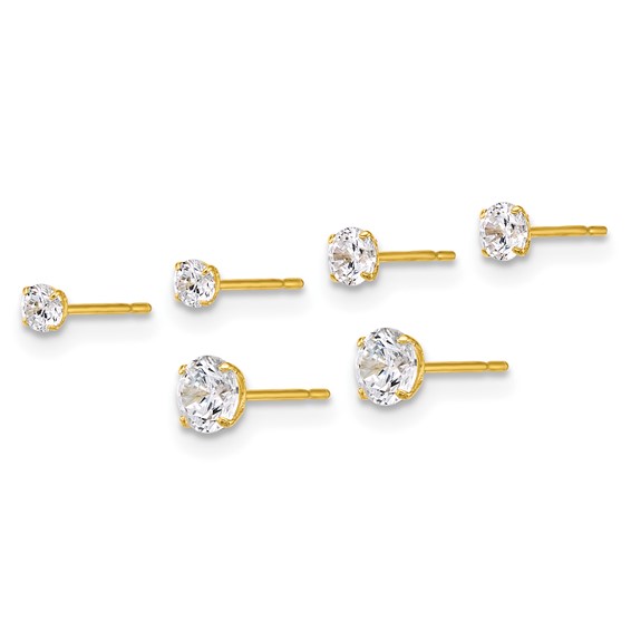 10k Polished CZ Round 2.5mm 3.00mm and 4.00mm Set of 3 Pair Stud Post Earrings
