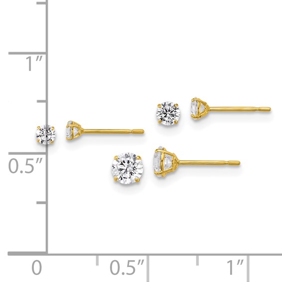 10k Polished CZ Round 2.5mm 3.00mm and 4.00mm Set of 3 Pair Stud Post Earrings