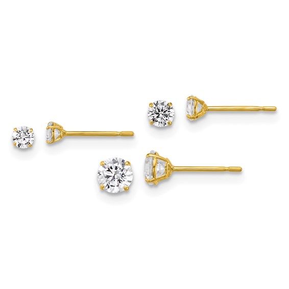 10k Polished CZ Round 2.5mm 3.00mm and 4.00mm Set of 3 Pair Stud Post Earrings
