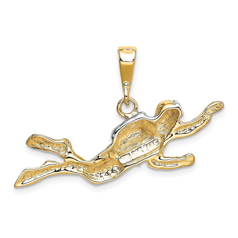10k & Rhodium Polished Open-Backed Scuba Diver Pendant (10K1052)