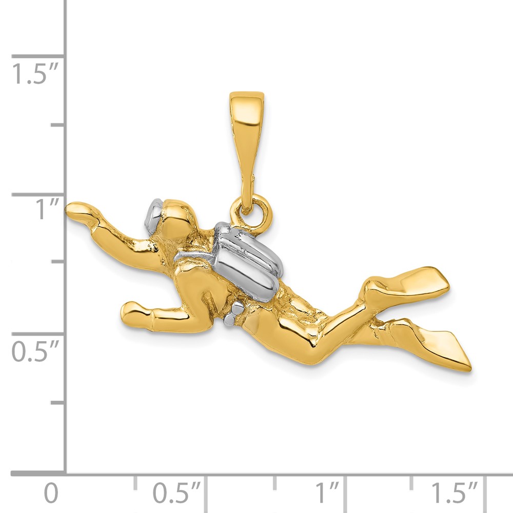 10k & Rhodium Polished Open-Backed Scuba Diver Pendant (10K1052)