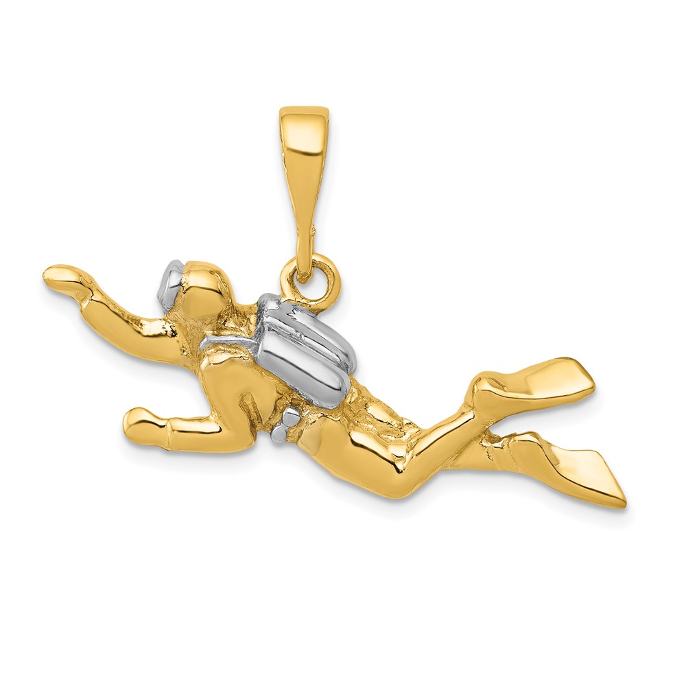 10k & Rhodium Polished Open-Backed Scuba Diver Pendant (10K1052)