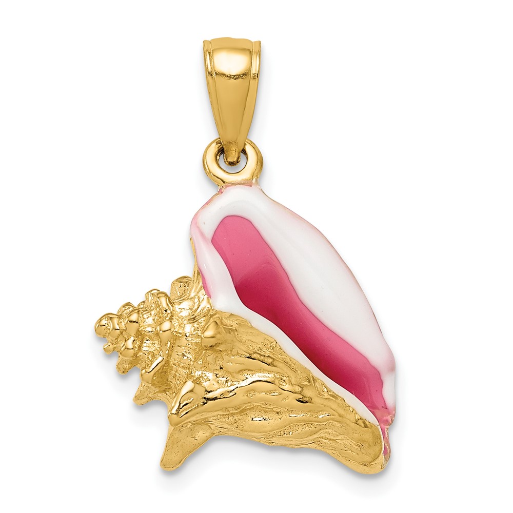 10k Polished 3-Dimensional Pink & White Enameled Conch Shell Pendant (10K1073)