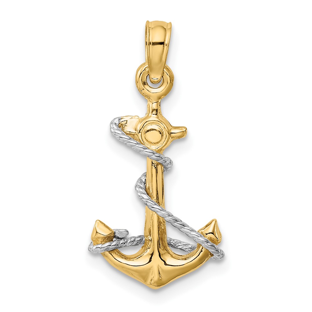 10K Two-Tone 3D Anchor W/Rope Pendant (10K3074)