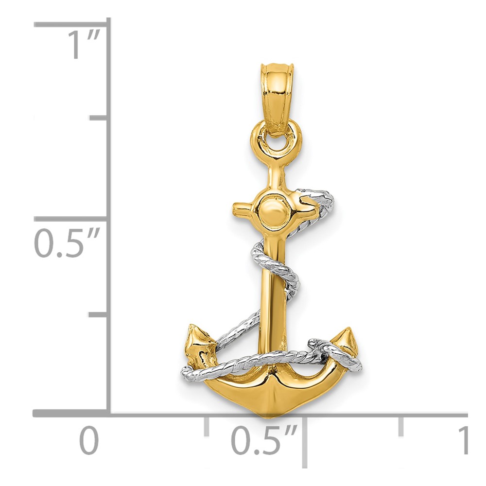 10K Two-Tone 3D Anchor W/Rope Pendant (10K3074)