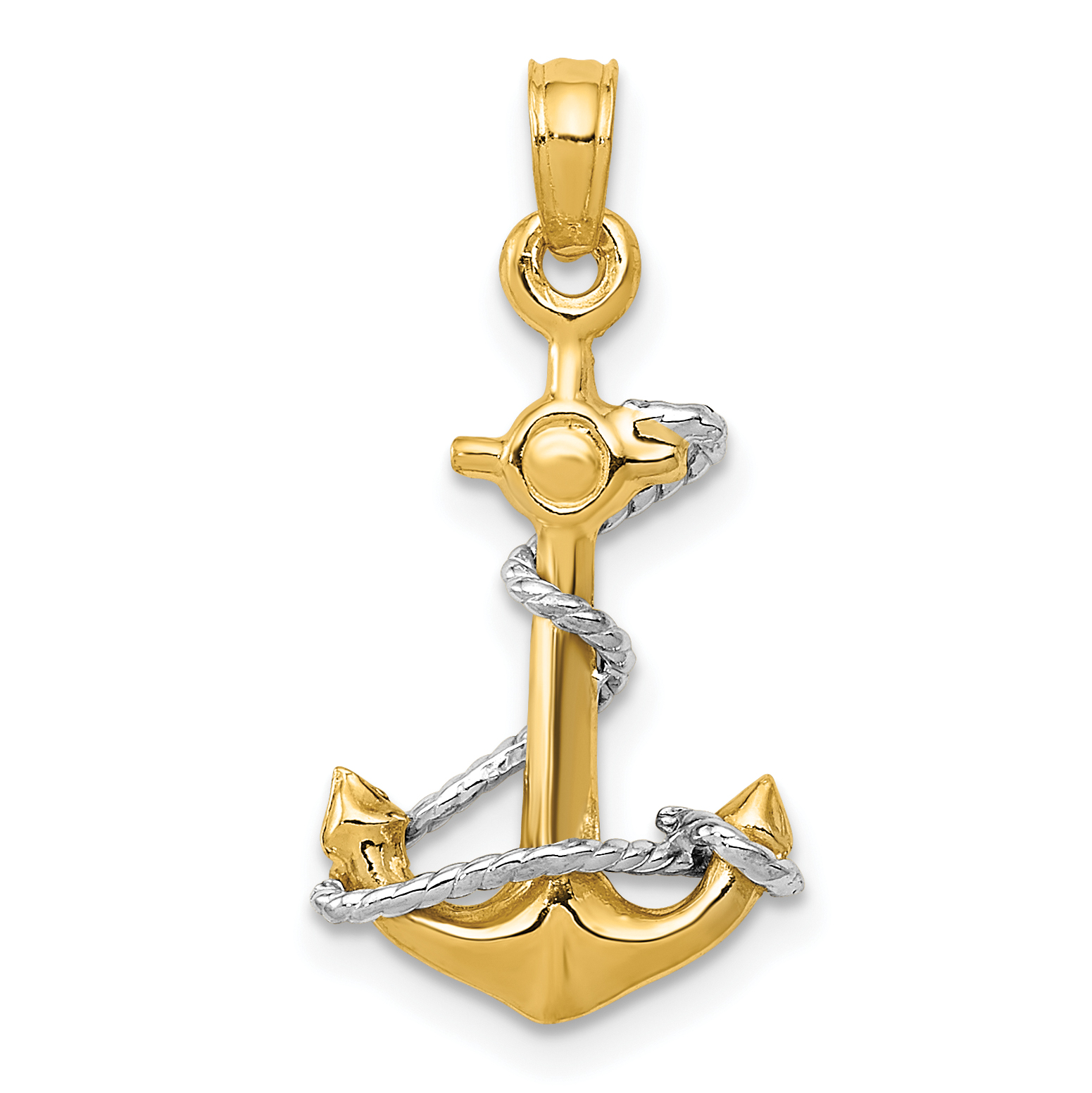 10K Two-Tone 3D Anchor W/Rope Pendant (10K3074)