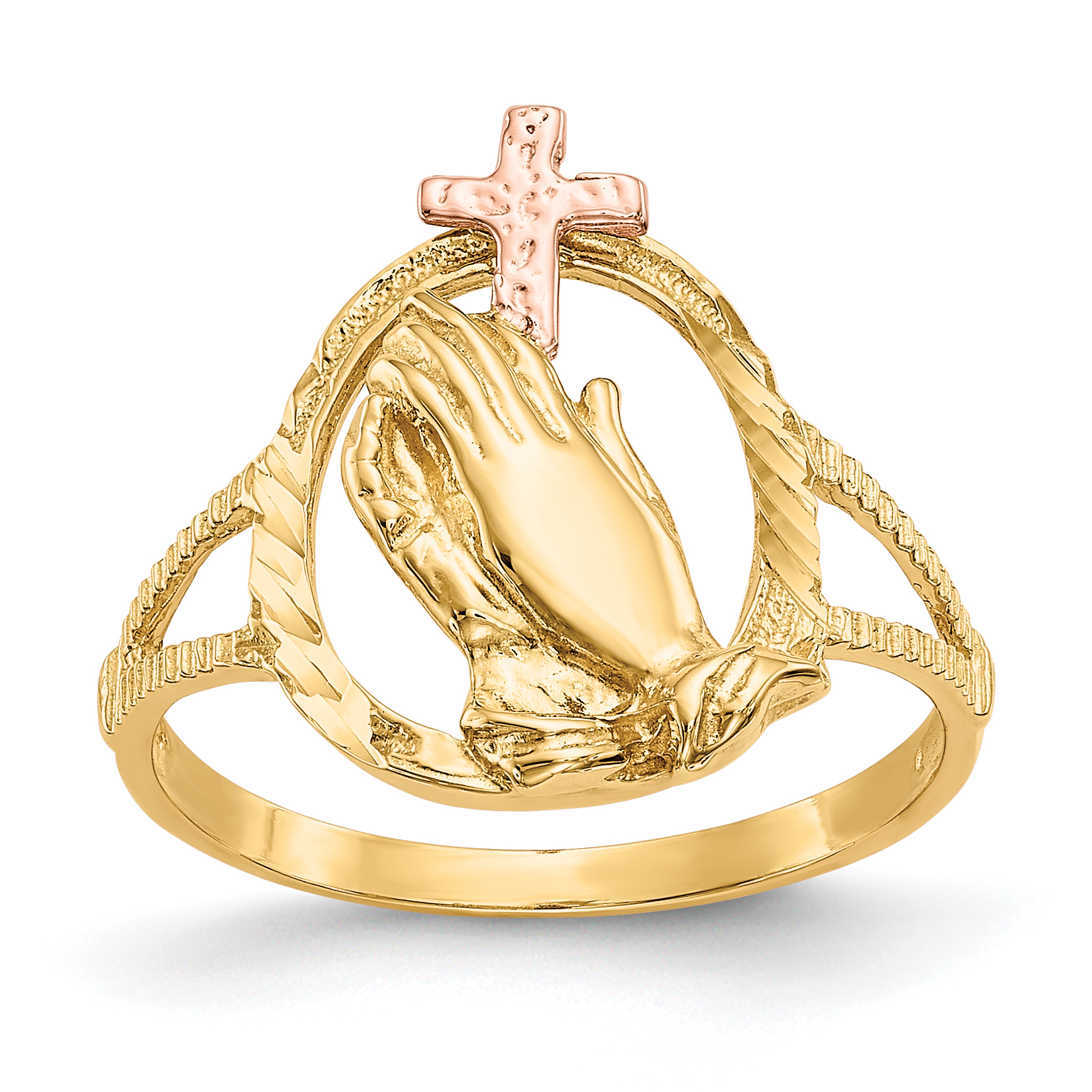 10K Two-tone Diamond Cut Praying Hands Cross Ring (10K3965)