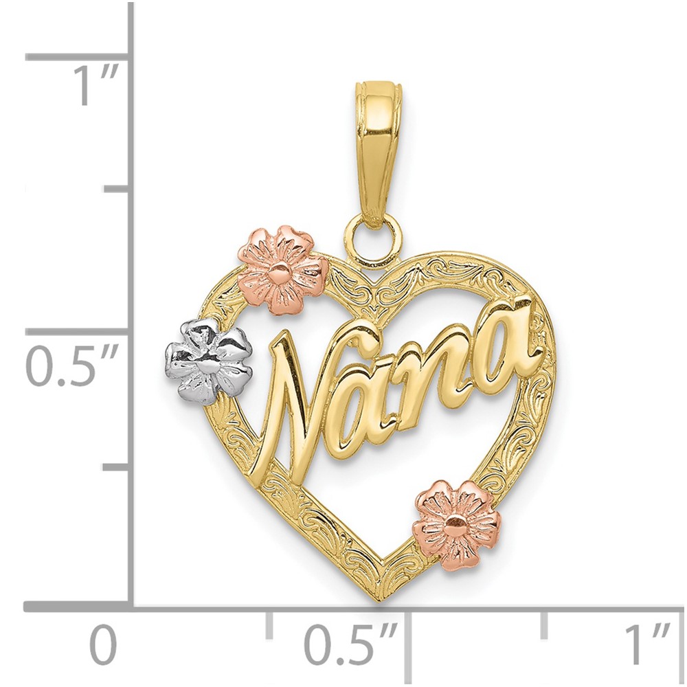 10K Tri-color Nana in Heart with Flowers Pendant (10K4083)