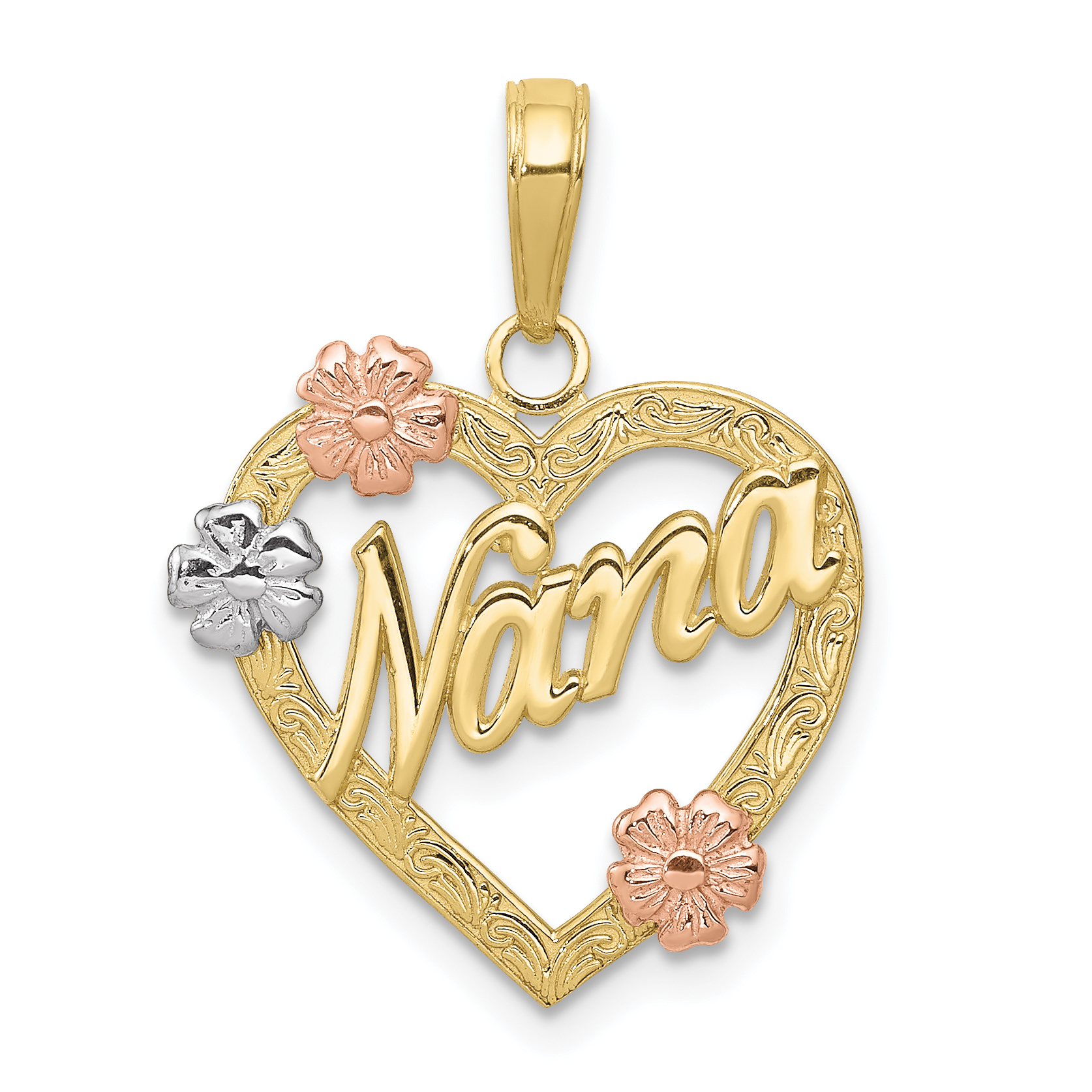 10K Tri-color Nana in Heart with Flowers Pendant (10K4083)