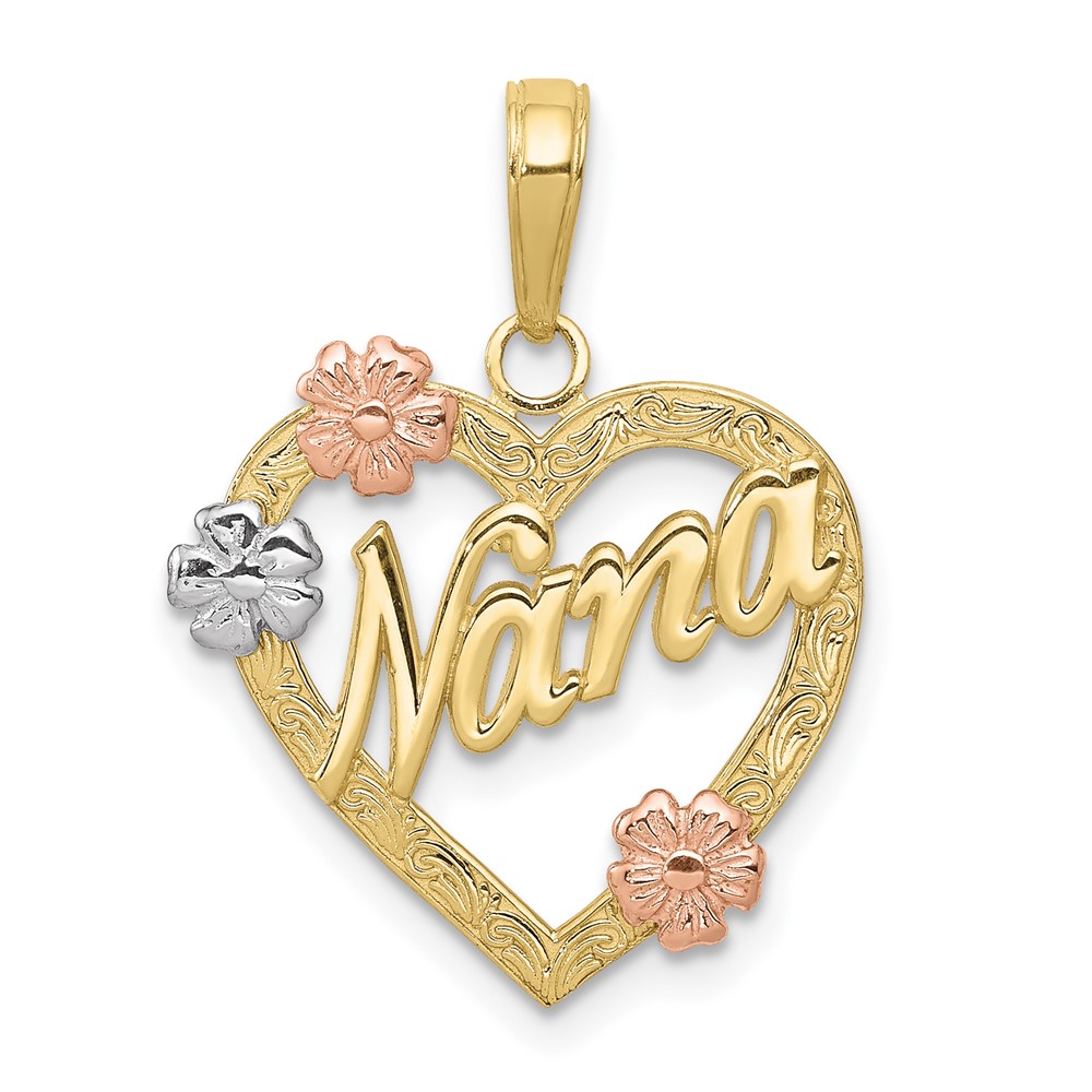 10K Tri-color Nana in Heart with Flowers Pendant (10K4083)