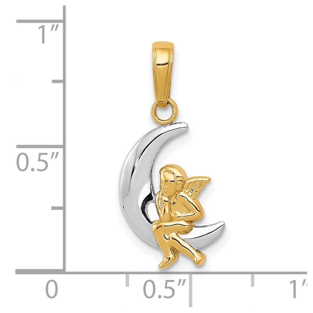 10k & Rhodium Polished Moon w/ Angel Pendant (10K4816)
