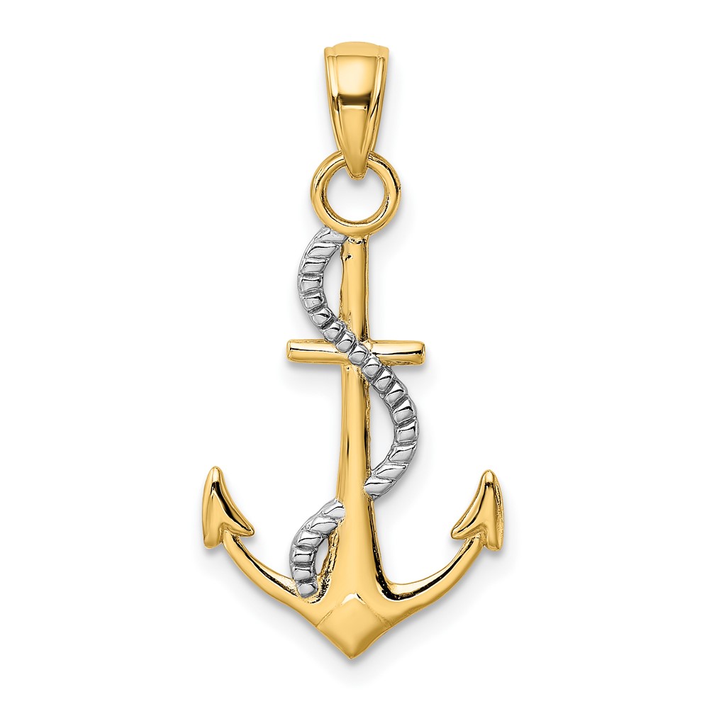 10K w/Rhodium Polished Anchor W/Rope Pendant (10K5396)