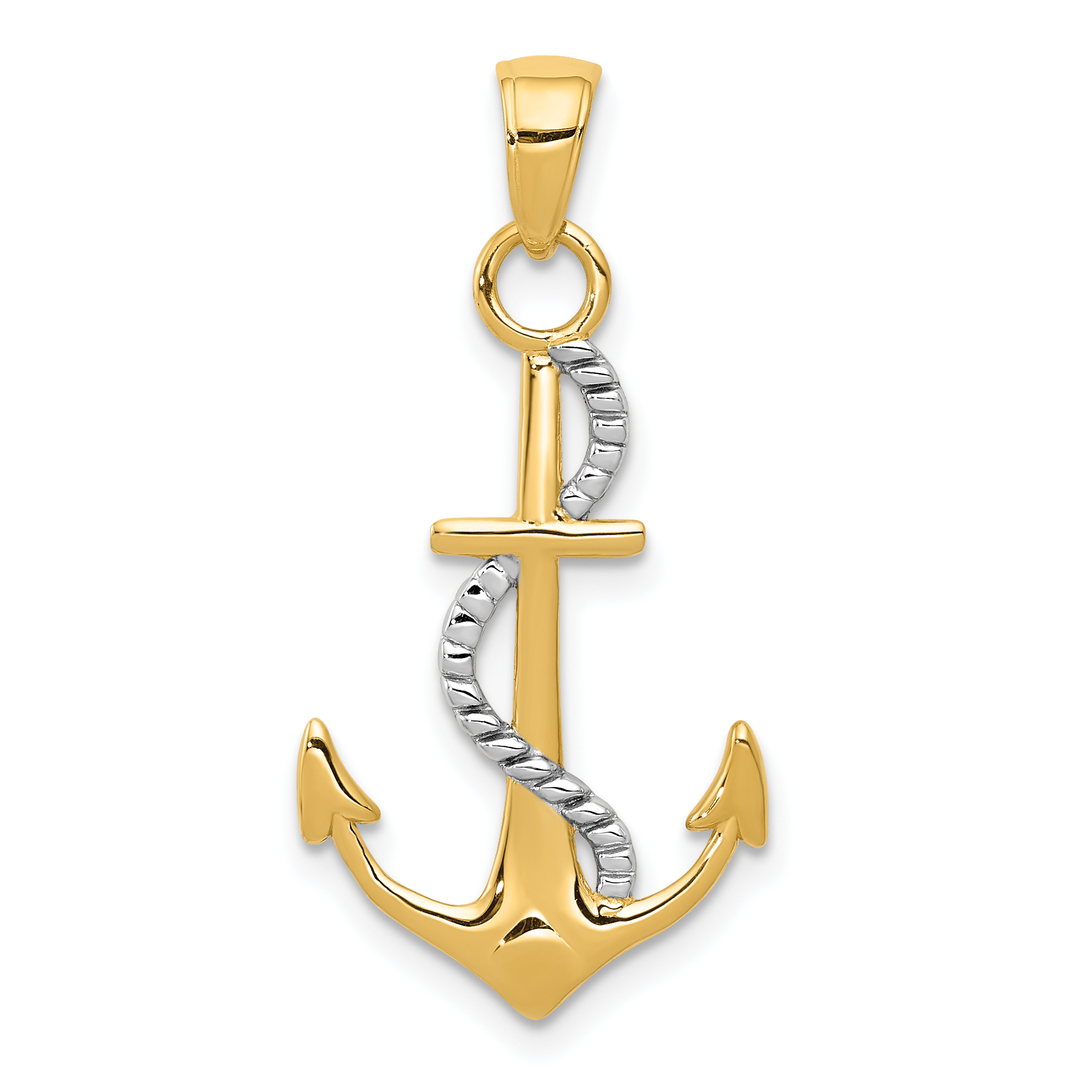 10K w/Rhodium Polished Anchor W/Rope Pendant (10K5396)