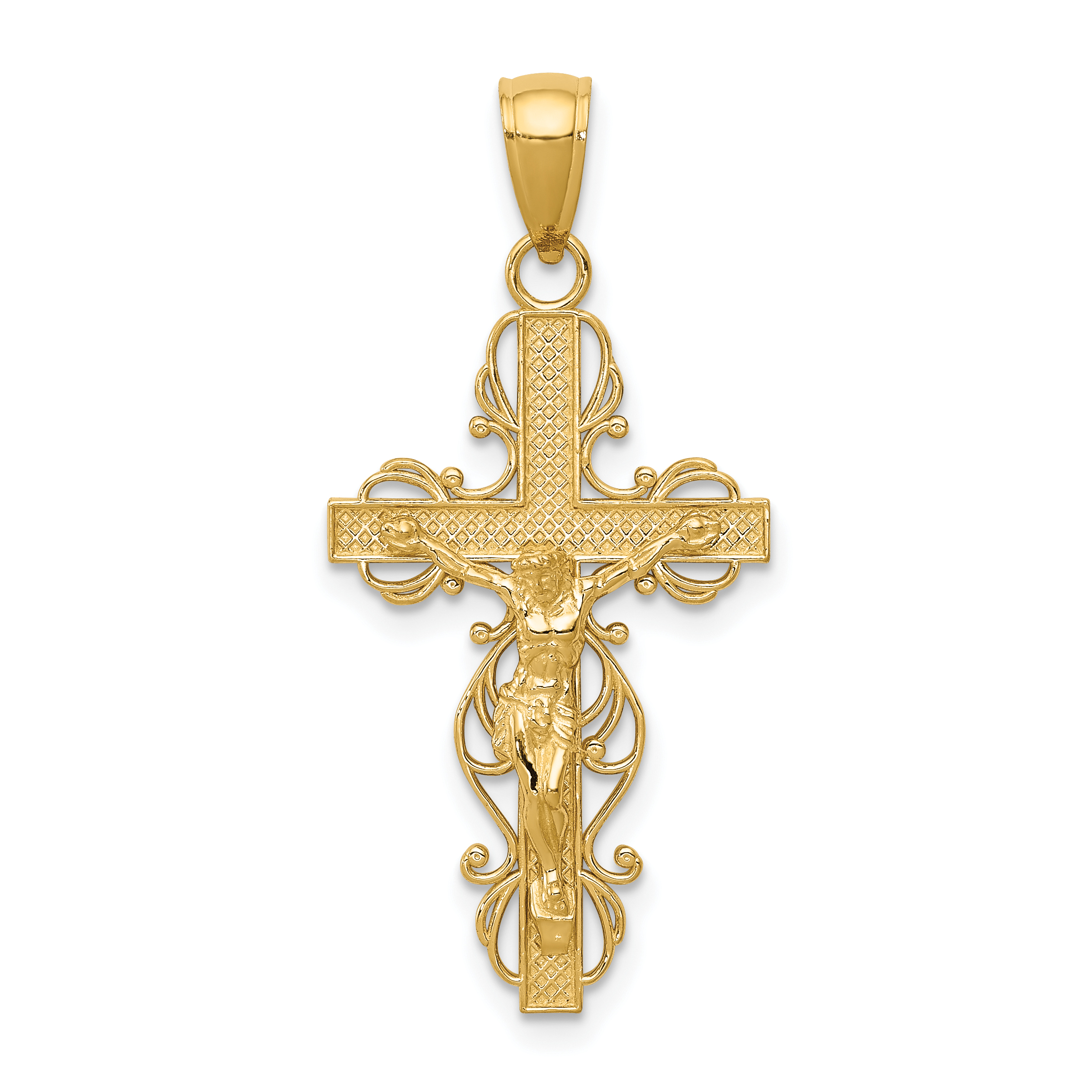 10K Gold Polished Crucifix w/lace Trim Pendant (10K5567)