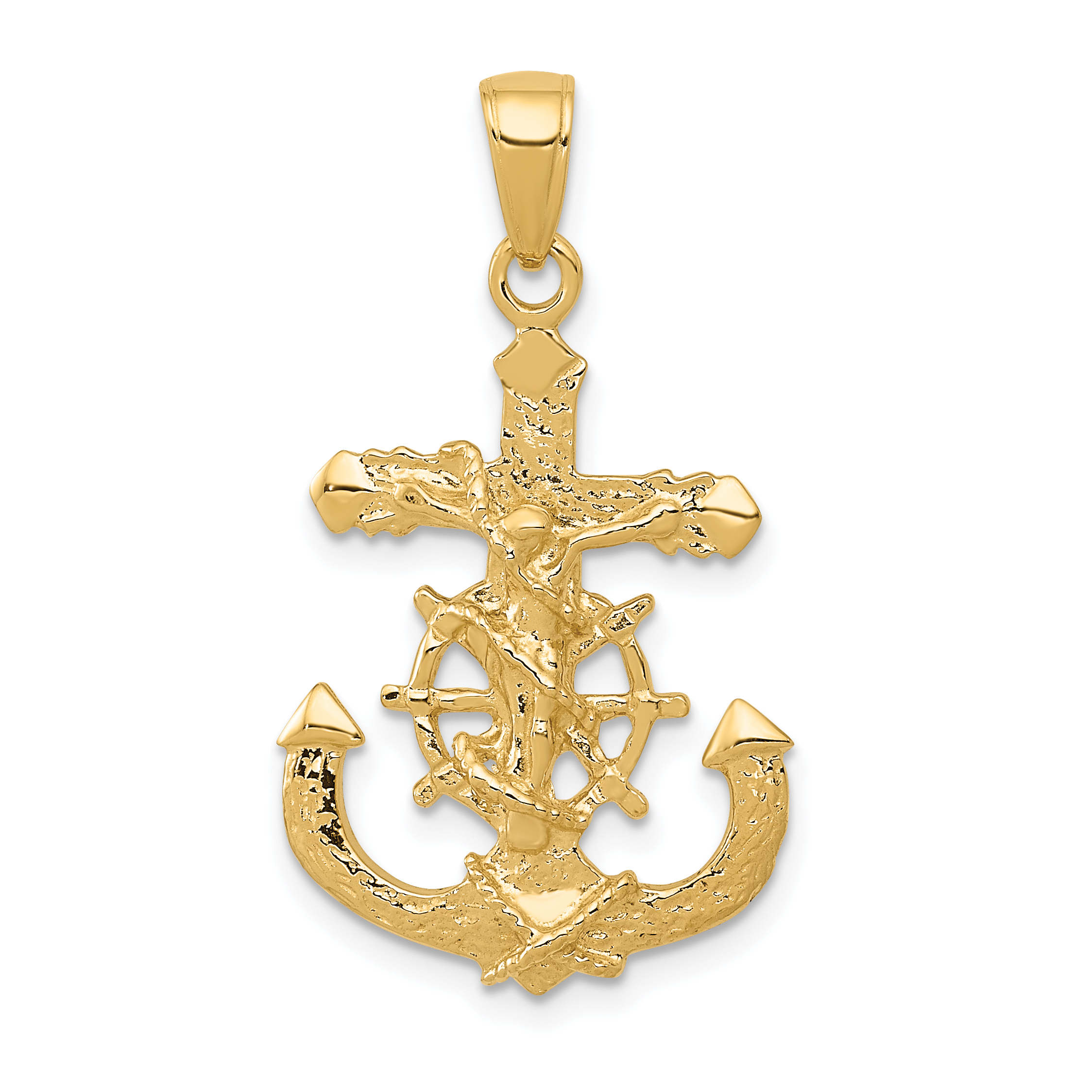 10K Polished & Textured 2-D Mariners Crucifix Rope/Wheel Pendant (10K5577)