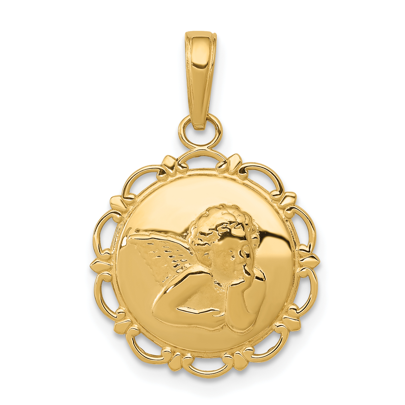 10K Gold Polished Angel/Cherub on Round Scallop Frame Pendant (10K5691)