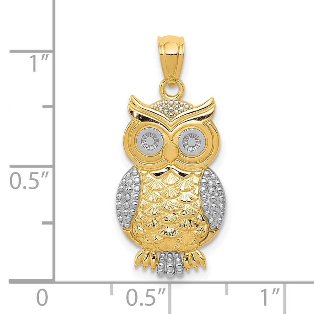 10K & Rhodium Polished & Textured Owl Pendant (10K5978)
