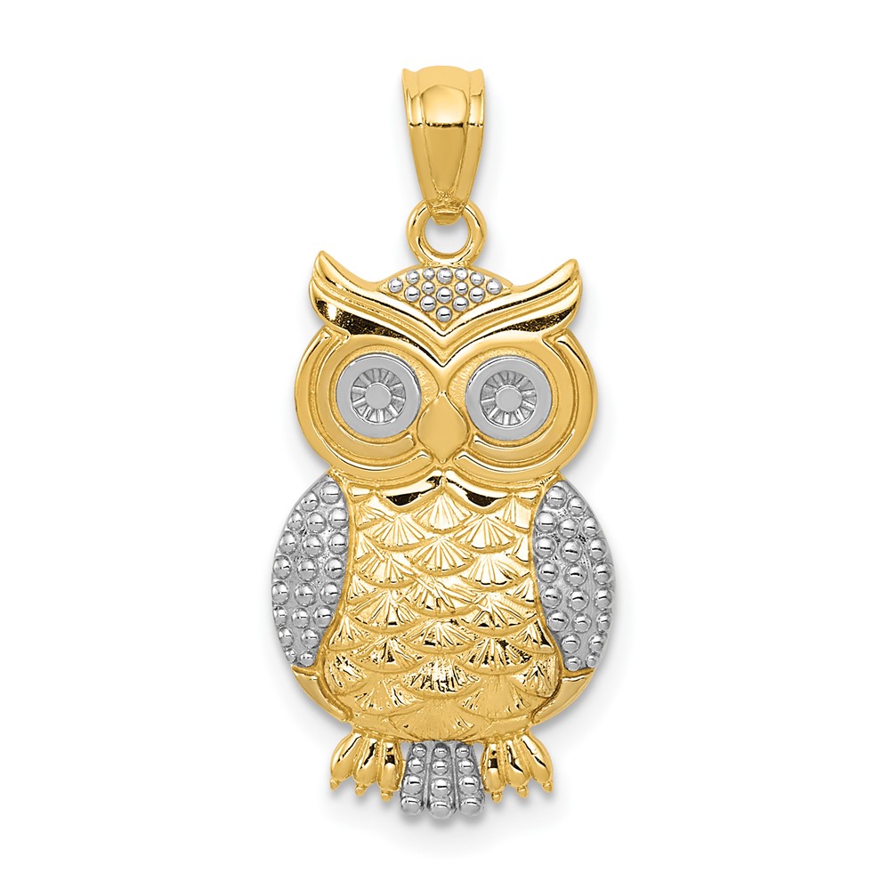 10K & Rhodium Polished & Textured Owl Pendant (10K5978)
