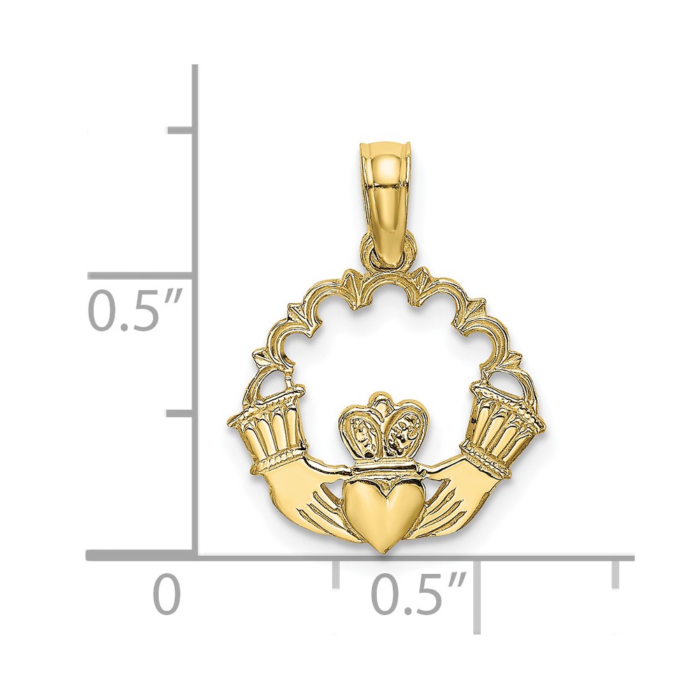 10K Engraved Claddagh In Scallop Circle Charm (10K7164)