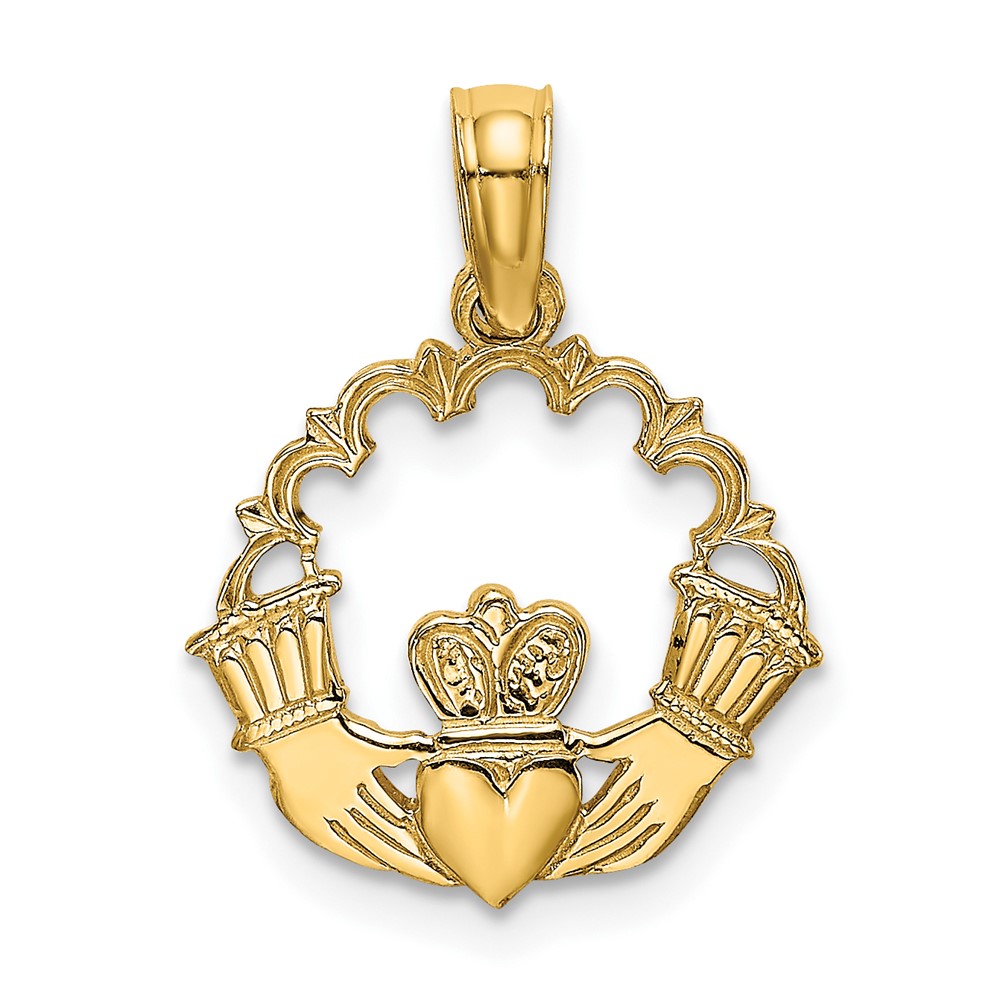 10K Engraved Claddagh In Scallop Circle Charm (10K7164)