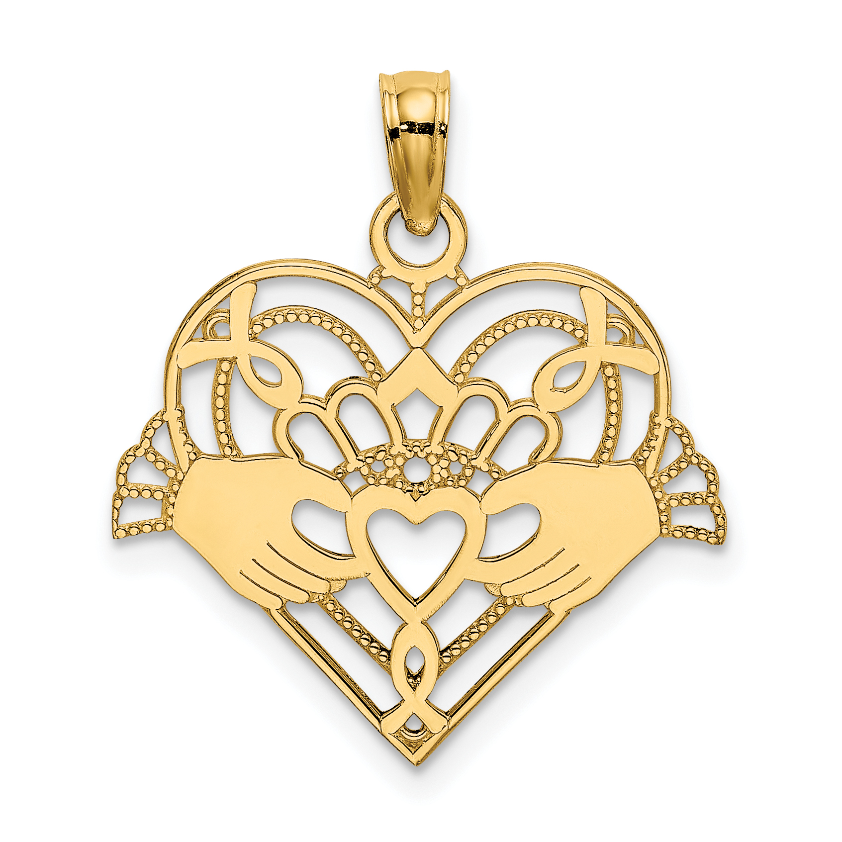 10K Polished and Beaded Claddagh In Heart Charm (10K7191)