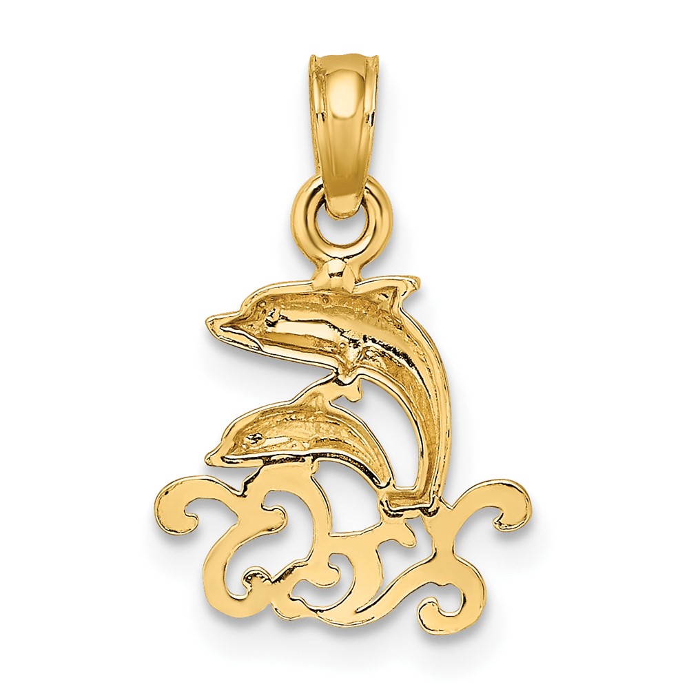 10K Textured Mini Double Dolphins and Waves Charm (10K7768)