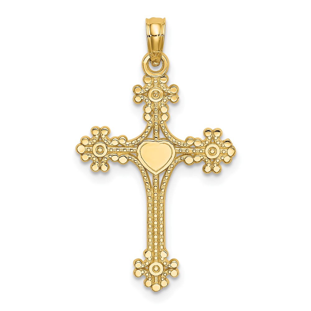 10K Beaded Tip Cross w/ Heart Center Charm (10K8366)
