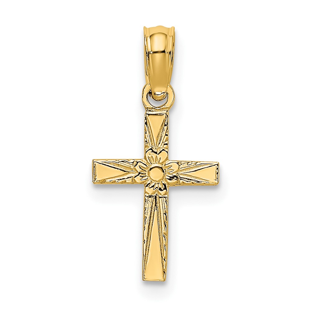 10K Polished and Engraved Mini Cross W/ Flower Charm (10K8369)