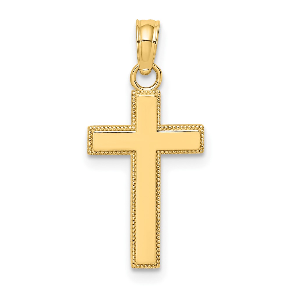 10K Polished Block Style Beaded Edge Cross Charm (10K8411)