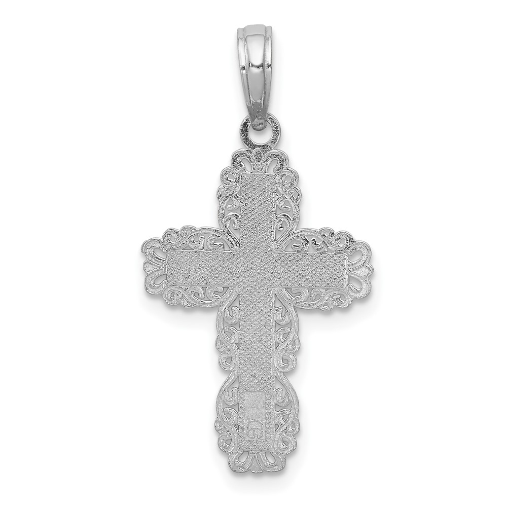10K White Gold Textured w/ Lace Trim Cross Charm (10K8431W)