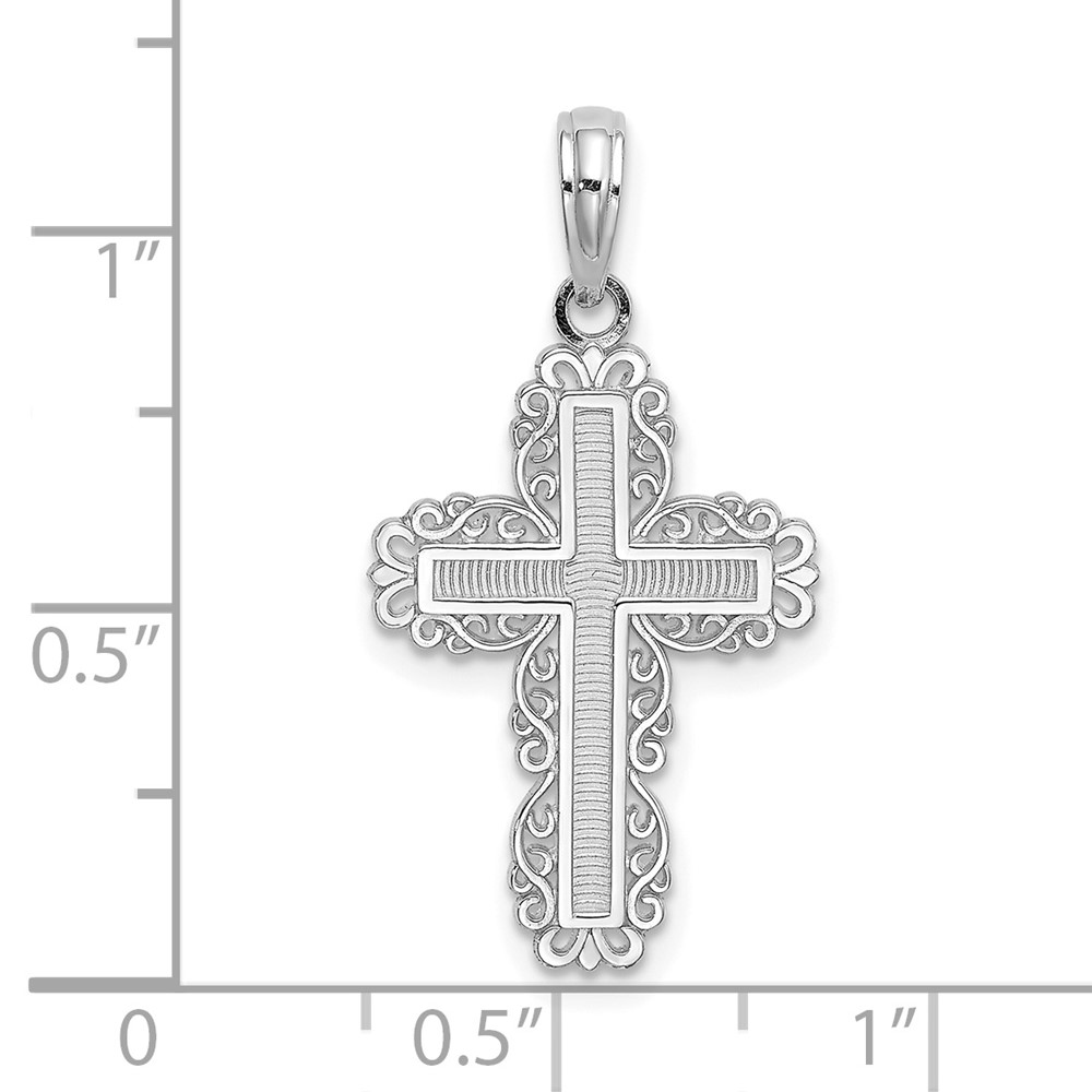 10K White Gold Textured w/ Lace Trim Cross Charm (10K8431W)