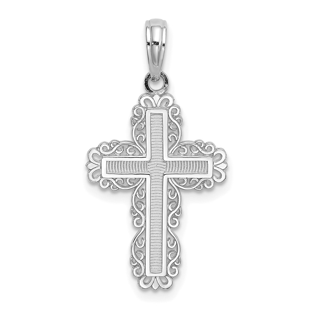 10K White Gold Textured w/ Lace Trim Cross Charm (10K8431W)