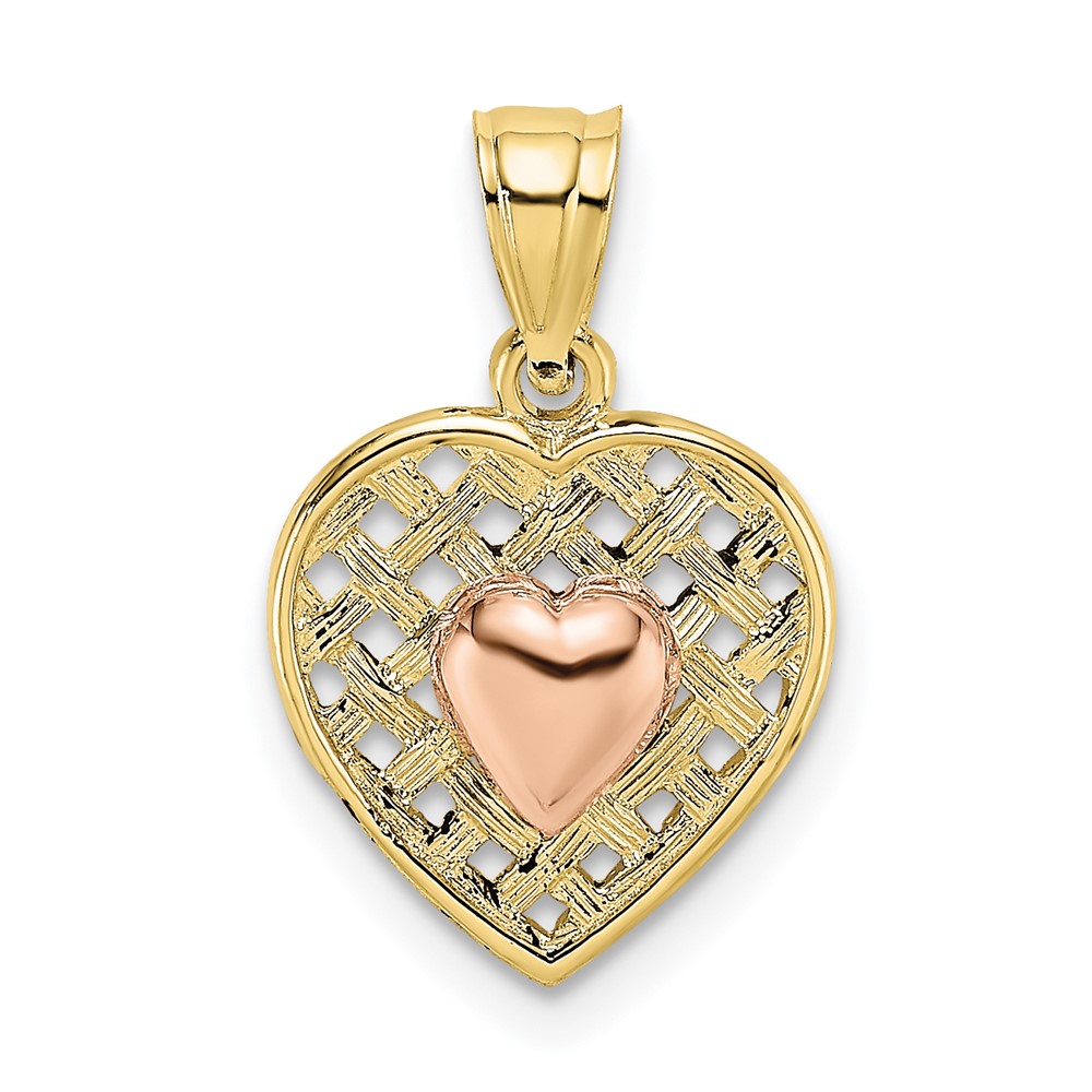 10k Yellow and Rose Gold Polished Heart On Woven Heart Charm (10K8985)