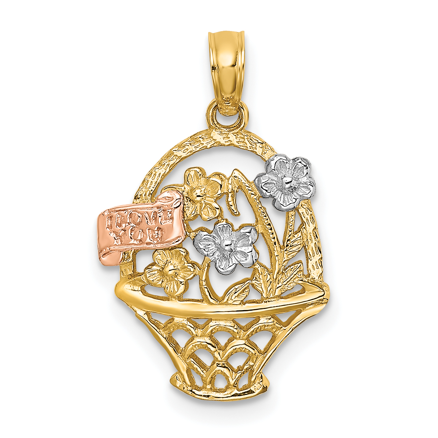 10k Two-Tone w/White Rhodium Flower Basket w/I LOVE YOU Charm (10K8992)
