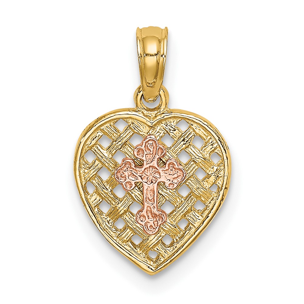10K Two-Tone Cross on Woven Heart Charm (10K8999)