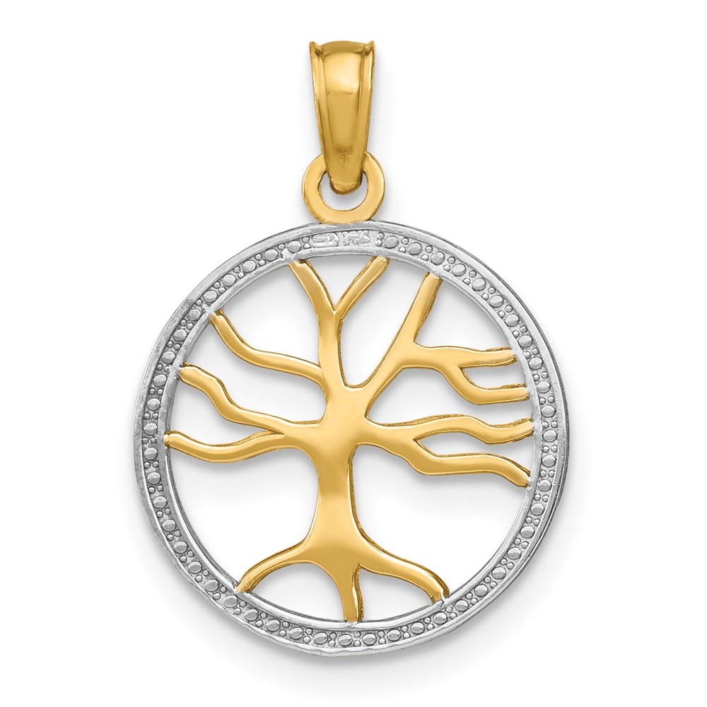 10K w/Rhodium 3-D Tree Of Life In Round Frame Charm (10K9018)