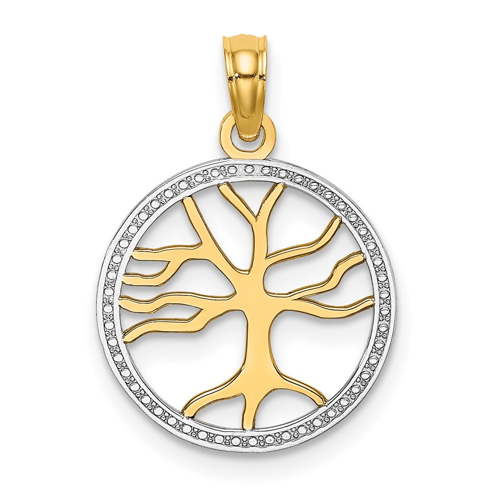 10K w/Rhodium 3-D Tree Of Life In Round Frame Charm (10K9018)