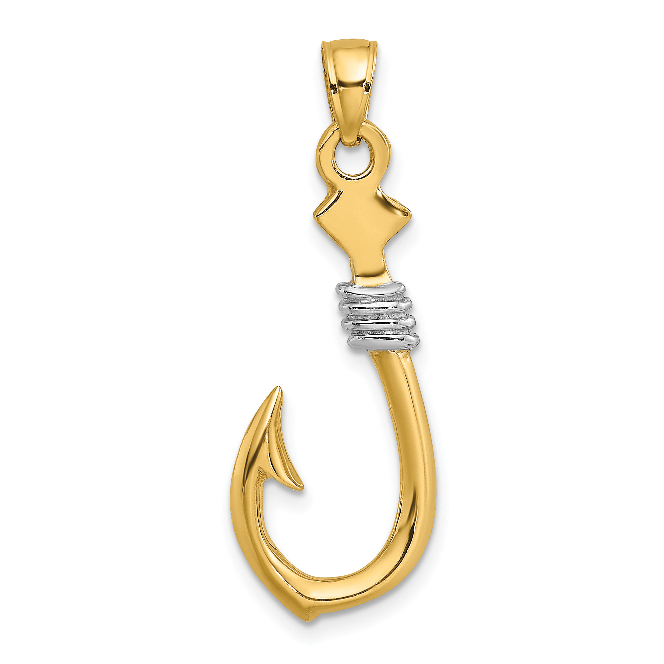 10K w/Rhodium 3-D Fish Hook With Rope Charm (10K9032)