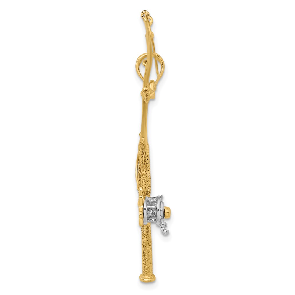 10K w/Rhodium 3-D Moveable Fishing Pole W/ Reel Pendant (10K9051)